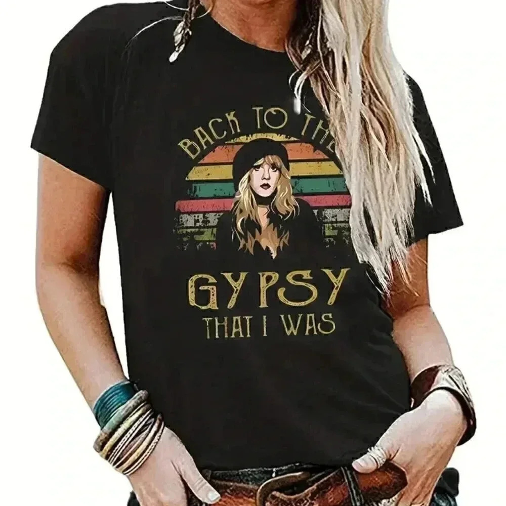 Gypsy Woman Print T-Shirt, Short Sleeve Crew Neck Casual Top